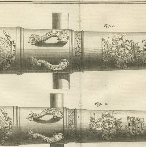 18th Century Engraving of Ornate French Cannons, circa 1770, close-up 3