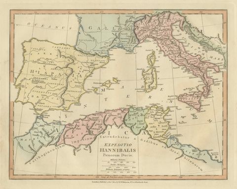 Hannibal’s Campaign Map, Spain to Italy via Alps, Wilkinson London 1817, close-up 1