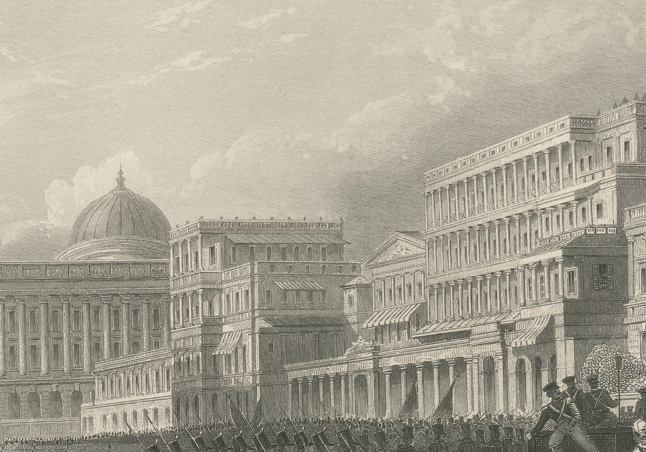 Calcutta, Soldiers and Artillery Before Classical Palaces, Engraving, 1859, view 5