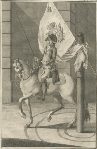 Portuguese Cavalry Officer with Royal Standard, Equestrian Engraving, 1790, close-up 2