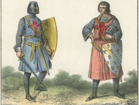 Crusader Knights in Mail with Heraldic Shields and Surcoats, 1842, close-up 2