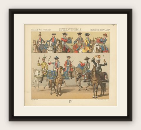 Pl. 127 Antique Print of French 18th Century Military Music by Racinet, shown framed