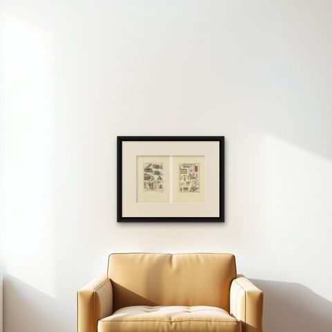 Hand-Colored Engravings of Chinese Military Equipment, Circa 1815, shown framed on a wall