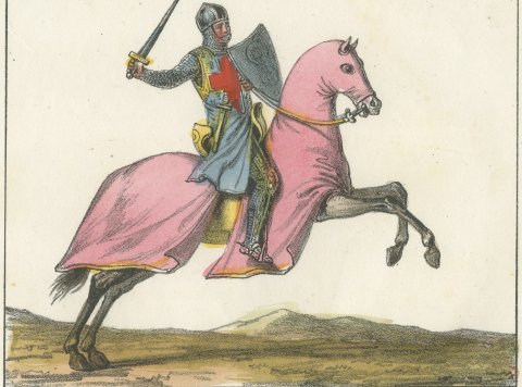 Two Mounted Crusader Knights, Hand Colored French Lithograph, 1842, close-up 2