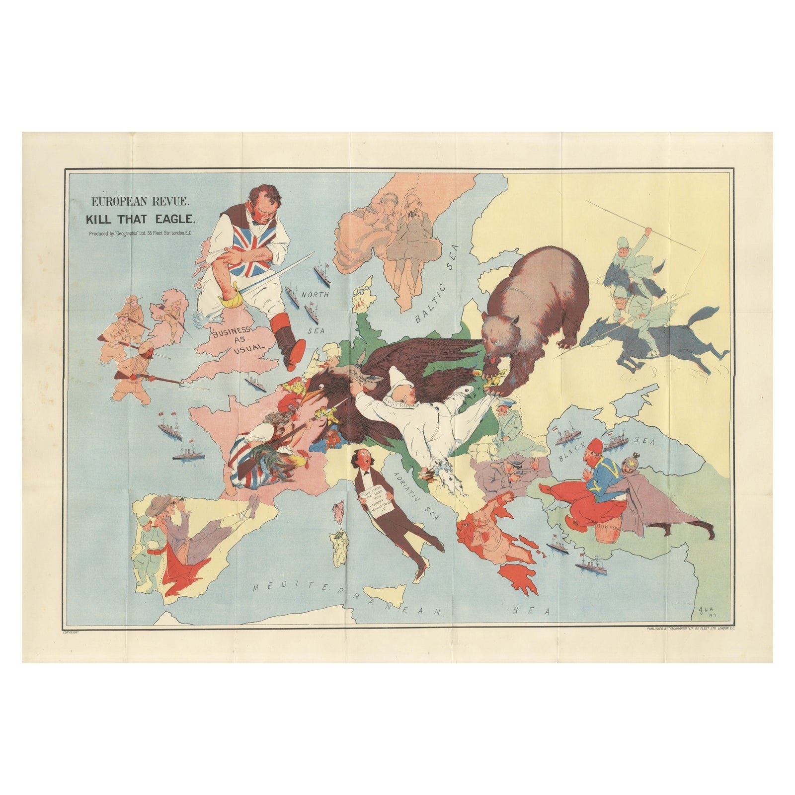 WWI Satirical Cartoon Map: 'Kill That Eagle' by J.H. Amschewitz, 1914