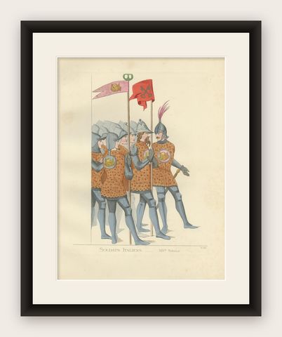 Antique Print of Italian Soldiers, 14th Century, by Bonnard, 1860, shown framed