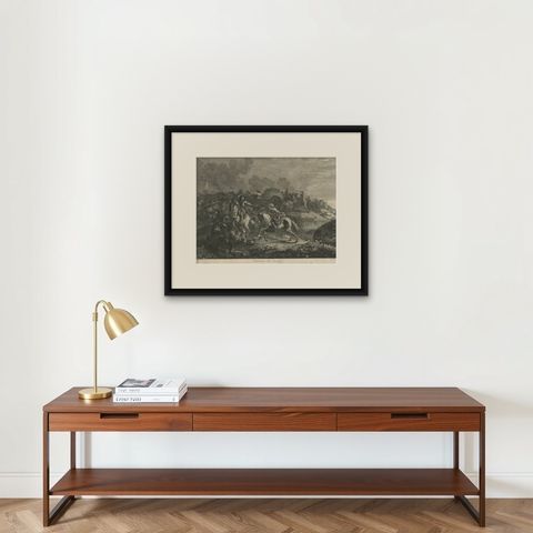 Antique Print of Soldiers Attacking an Ottoman Convoy by Leviez, circa 1778, shown framed on a wall