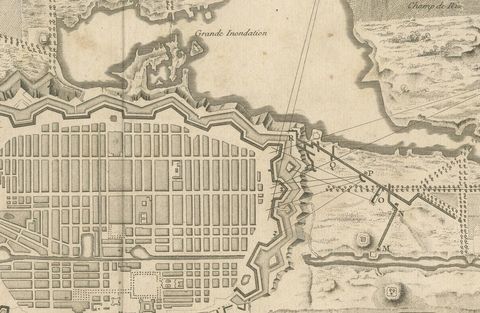 Plan of Pondicherry Fortifications and Attacks, France, c.1750, close-up 1