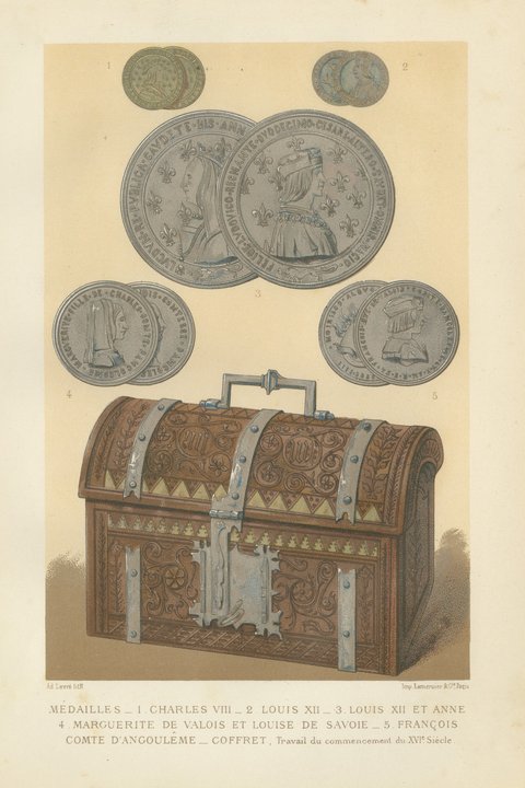 Renaissance Medals and Armor, Pair of Antique French Chromolithographs, 1882, view 2