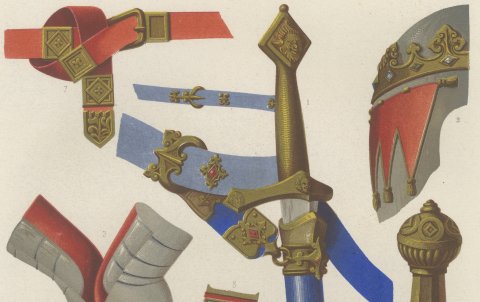 English Sword, Helm and Gauntlets, Antique Print, 1851, close-up 1