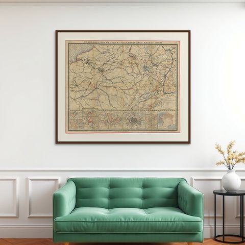 Franco-Prussian War Campaign Map of France and Germany, Original 1871, shown framed on a wall