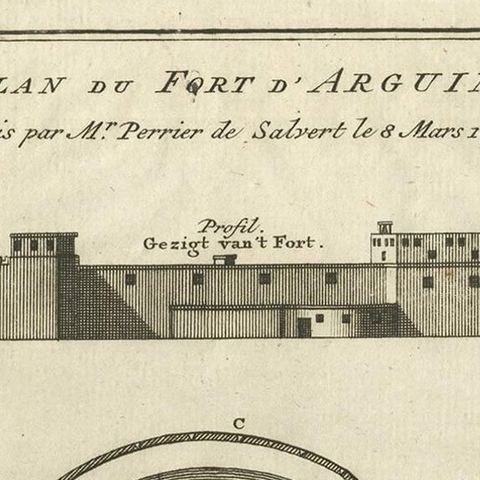 Antique Print of the Fortress of Arguin 'Mauritania, Africa, circa 1747, close-up 1
