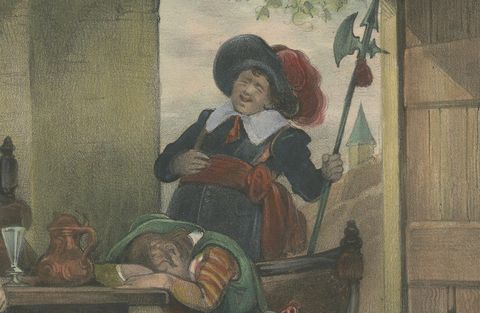 1835 Hand-Colored Lithograph: A 17th Century Guardroom, Soldiers at Rest, close-up 2