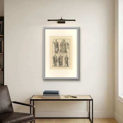 Roman Officers in Cuirass and Cloak, Montfaucon Copper Engraving, 1722, shown framed on a wall