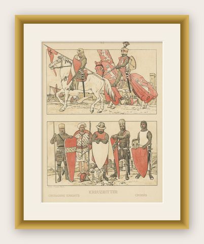 Antique Crusading Knights Plate, Hand-Colored Medieval Print c.1880, shown framed