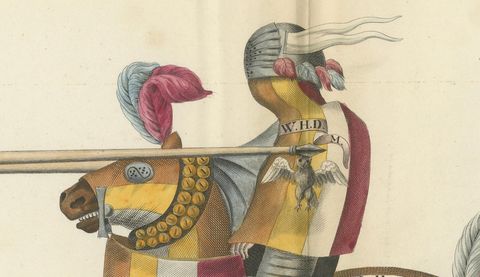 19th-Century Hand-Coloured Jousting Print: Heraldic Knights Charging in Contest, close-up 2