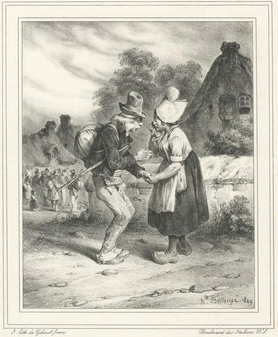 Young Soldier Saying Farewell to Sweetheart, Romantic French Lithograph c.1830, close-up 2