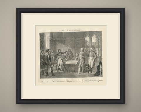 Treaty of Leoben, Belgium Ceded to France, Antique Madou Lithograph, 1827, shown framed