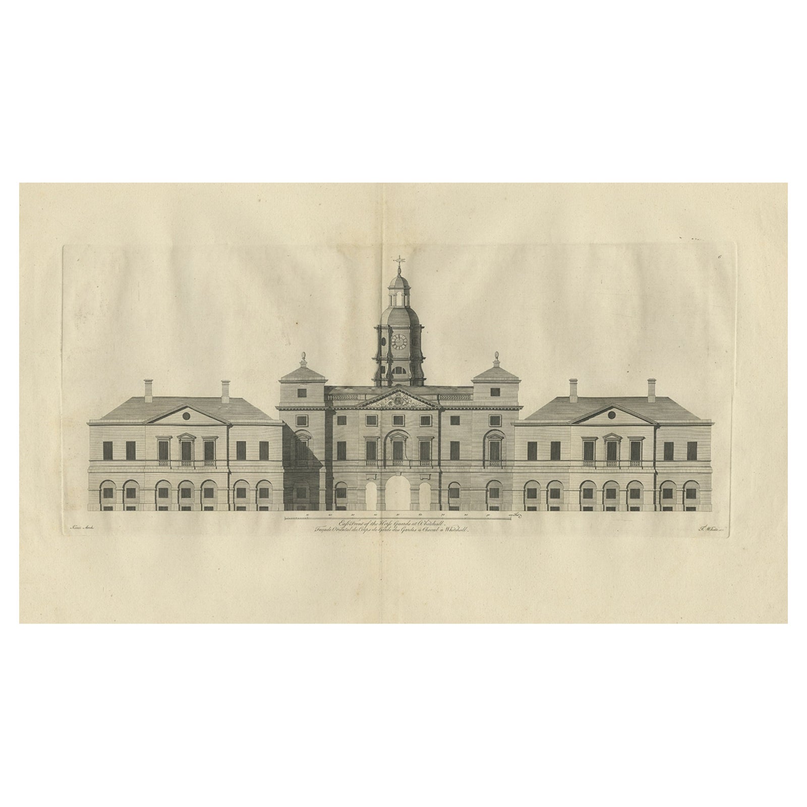 Antique Print of the Horse Guards at Whitehall, Westminster, London, ca.1770