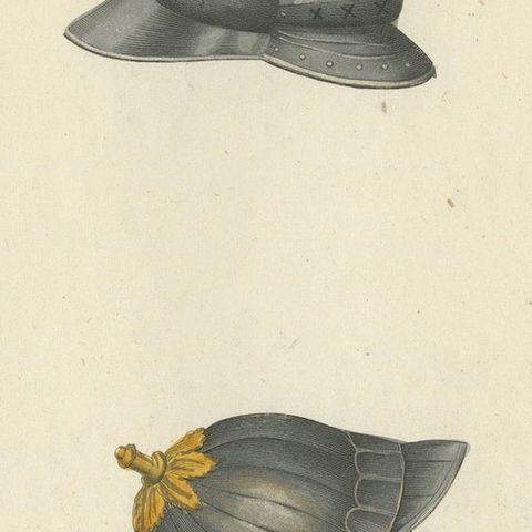 19th-Century Hand-Coloured Lithograph of Ornate Knightly Helmets with Plumes, close-up 4