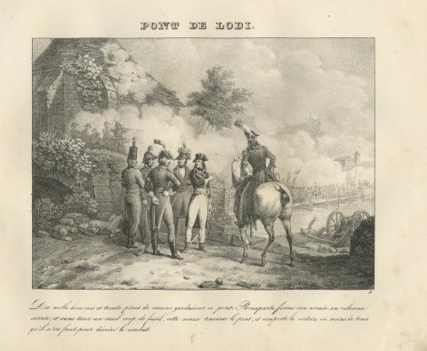 The Bridge of Lodi, Bonaparte's Close Column, Antique Madou Lithograph, 1827