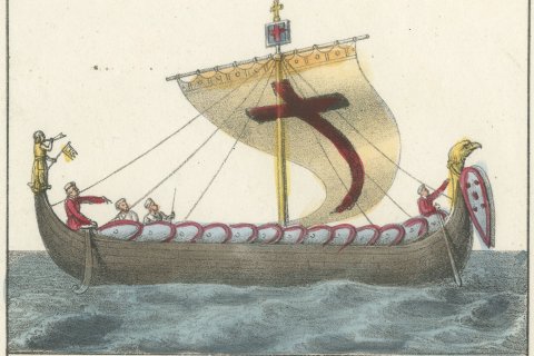 Crusader Ship and a Crusader Prince on Horseback, Hand Colored Lithograph, 1842, close-up 1