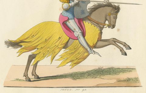 Mounted Knight in Tournament Armor c.1400, Antique Print, 1845, close-up 1