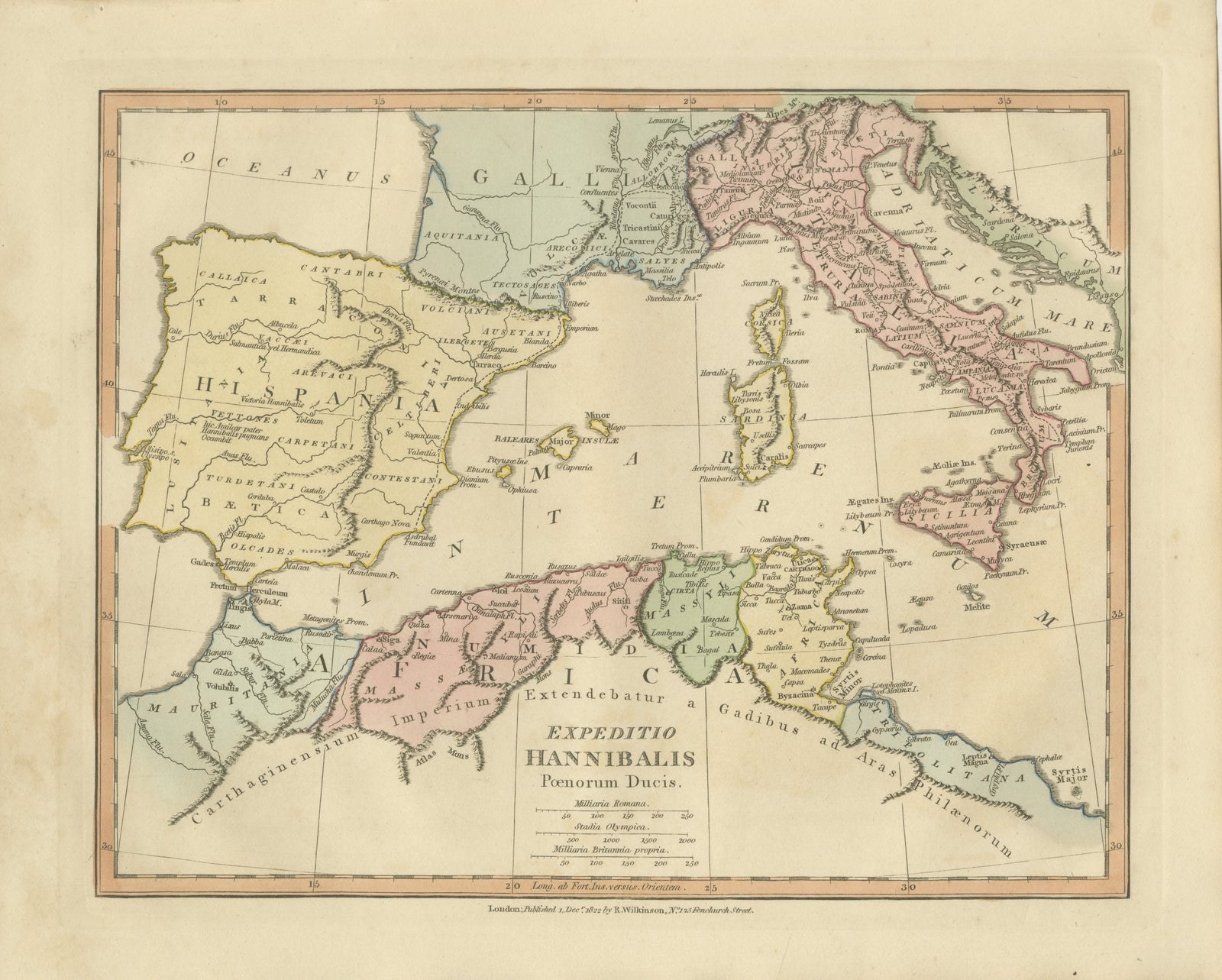 Hannibal’s Campaign Map, Spain to Italy via Alps, Wilkinson London 1817