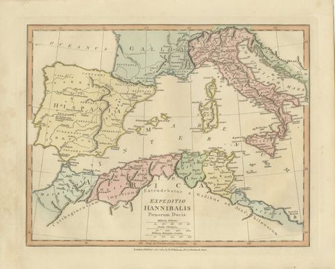 Hannibal’s Campaign Map, Spain to Italy via Alps, Wilkinson London 1817