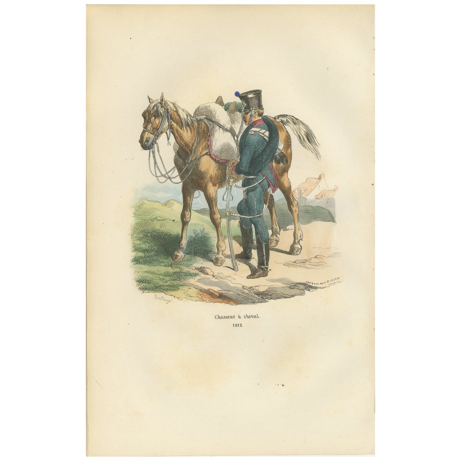 Chasseur à Cheval, Napoleonic Light Cavalry, Hand-Colored Military Print, 1843