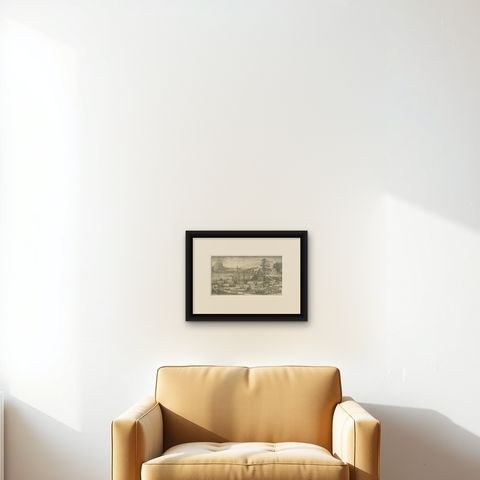 Antique Print of the Fortress of Goram by Schouten, 1725, shown framed on a wall
