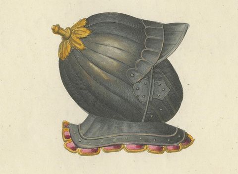 19th-Century Hand-Coloured Lithograph of Ornate Knightly Helmets with Plumes, close-up 1