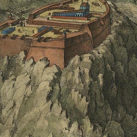 Venetian Fortress Paleokastro on Crete, Antique Print, Hand-Coloured, 1688, close-up 4