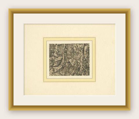 German Antique Print of a Military Scene, circa 1600, shown framed