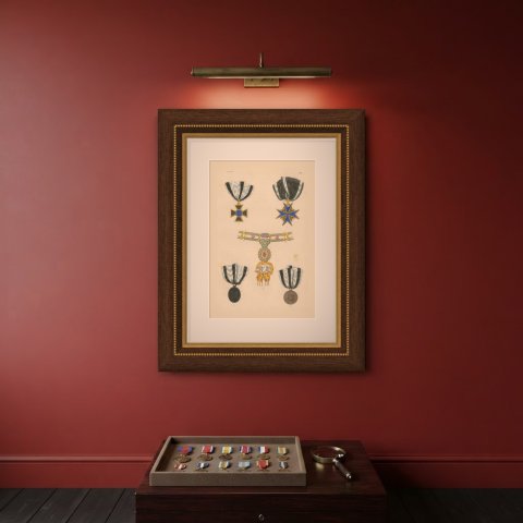 Orders of Prussia, Pour le Mérite Cross and 1813 1814 Medals, Plate LXII, 1844, shown framed on a wall