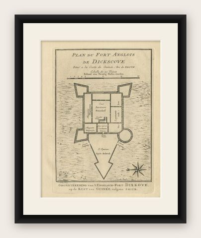 Antique Print of Fort Metal Cross or Dixcove, Ghana, shown framed