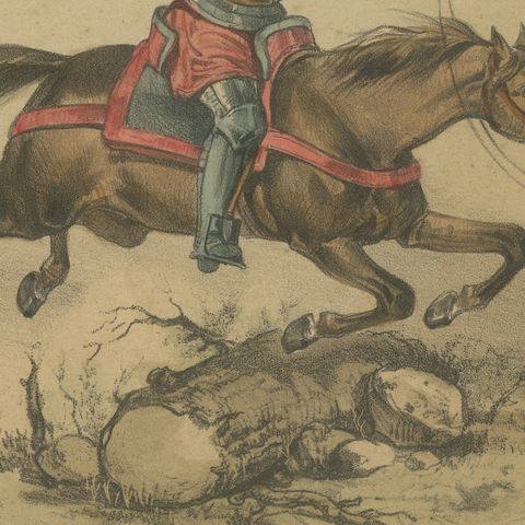 Spanish Cavalry Lithograph by José Rubio y Villegas: Medieval Cavalry, 1861, close-up 1