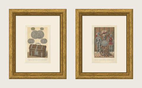 Renaissance Medals and Armor, Pair of Antique French Chromolithographs, 1882, shown framed