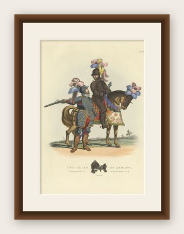 Antique Print of Suits of Armour on a Horse, 1842, shown framed