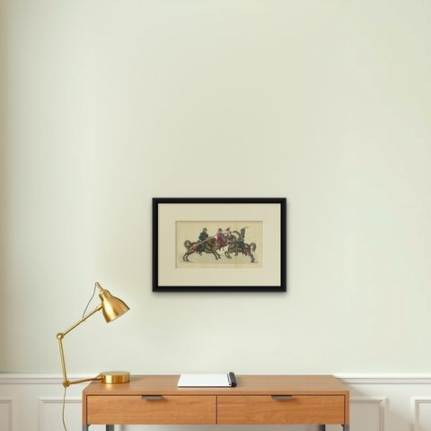 19th-Century Hand-Coloured Lithograph of Mounted Combat with Spear and Sword, shown framed on a wall