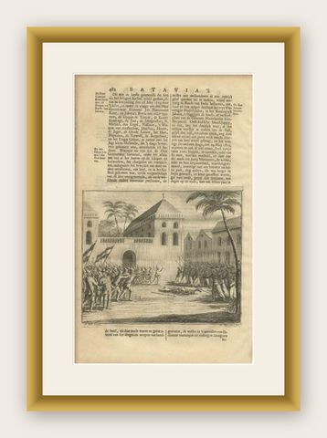 Old Print of a Battle near the Castle of Batavia in the Dutch East Indies, 1726, shown framed