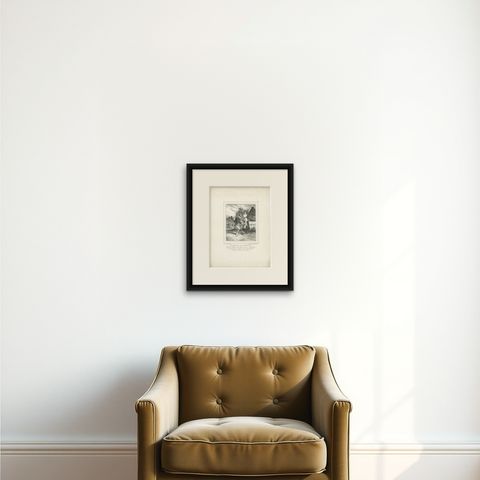 Young Soldier Saying Farewell to Sweetheart, Romantic French Lithograph c.1830, shown framed on a wall