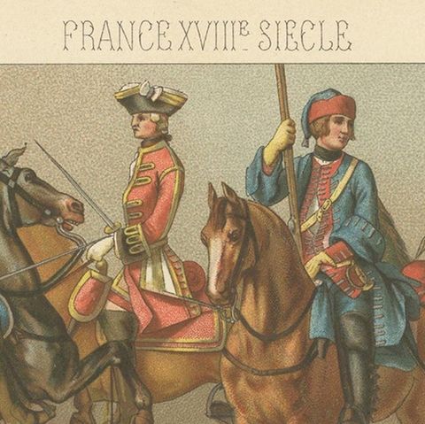 Pl 128 Antique Print of French 18th Century Military Outfits by Racinet, close-up 1