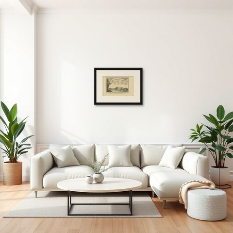 Antique Print of Fort Tantumquery, Ghana, 1748, shown framed in a room