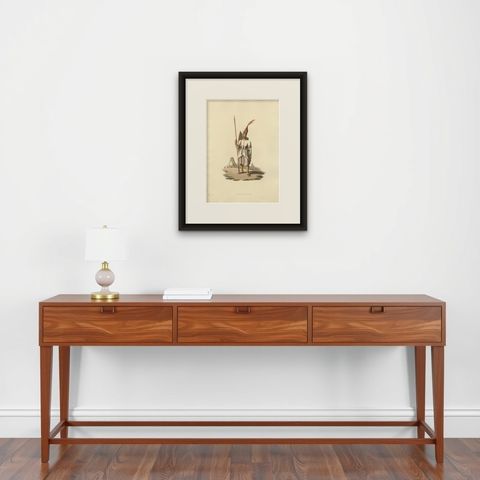 Antique Print of Officer of Spahis, Hand-Colored Aquatint, 1818, shown framed on a wall