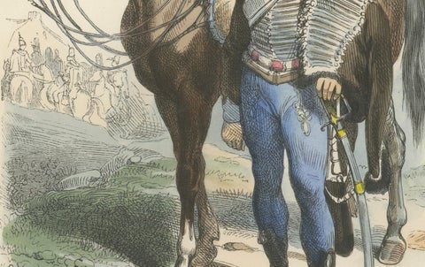 French Hussar with Horse 1795, Napoleonic Era Military Uniform Print, 1843, close-up 2