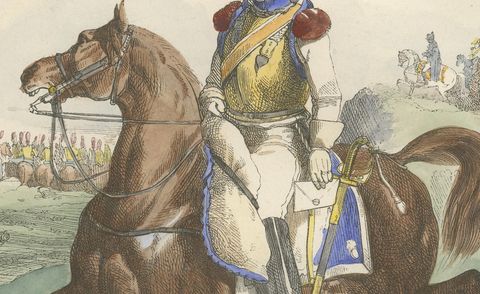Carabinier, Napoleonic Imperial Guard cavalry, hand-colored print, Paris 1843, close-up 2
