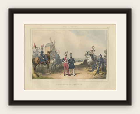 Rare Hand-Colored Print of a Belgium Army Regiment Near a Windmill, 1833, shown framed