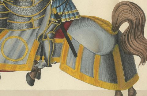 Hand-Coloured Print of Armoured Knights in Close-Combat Horseback Duel, 1842, close-up 1