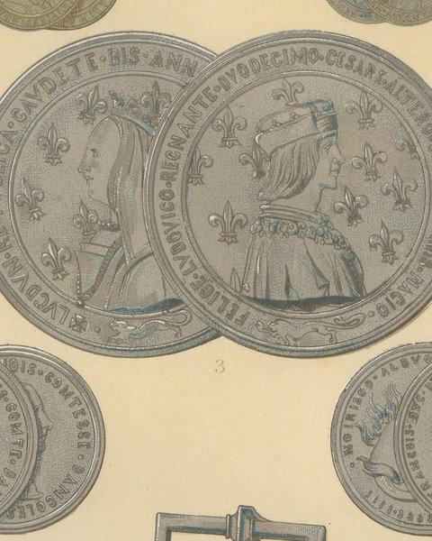 Renaissance Medals and Armor, Pair of Antique French Chromolithographs, 1882, close-up 3